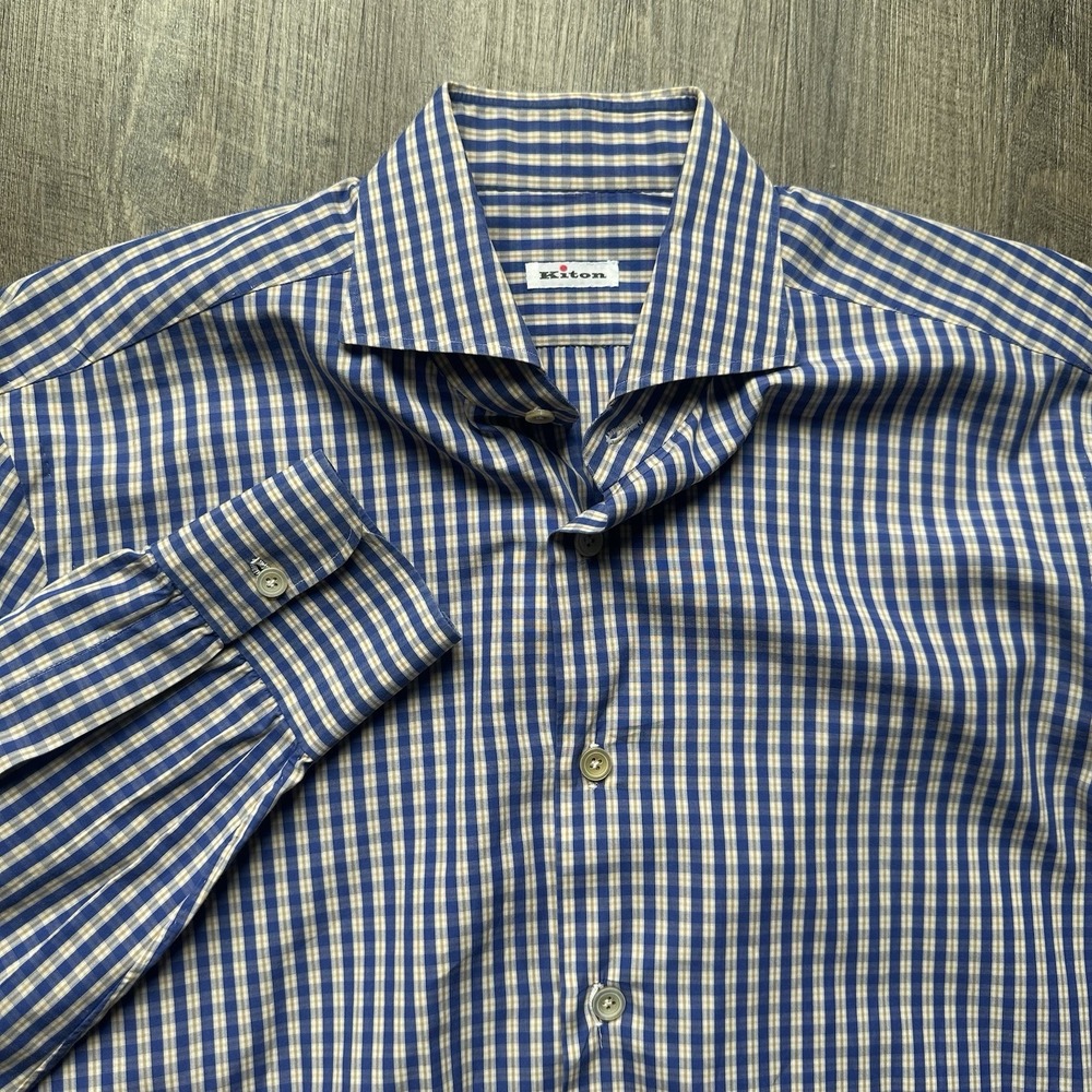 KITON Napoli-Blue Check Plaid Long Sleeve Buttonfront Dress Shirt 16/41 Italy